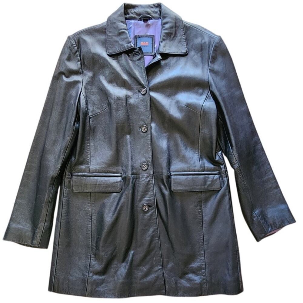 Leather Y2K 90s Vintage R&O Reily Olmes Black Long Jacket Women Size Large